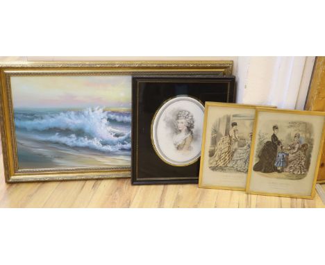 J.Justin, oil on board, Waves breaking on the shore, 40 x 80cm, a mezzotint of an 18th century lady and a pair of French fash