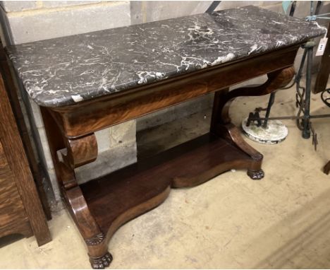 A 19th century French marble top mahogany console table, width 115cm, depth 44cm, height 81cm