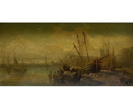 Italian School, oil on panel, Fishing boats at anchor, indistinctly signed, 15 x 30cm