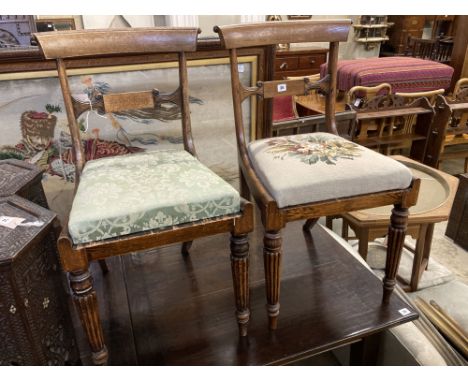 A pair of William IV simulated rosewood dining chairs, with curved marquetry inlaid crest rails and spars, over tapestry drop