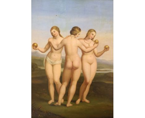 After Raphael, oil on wooden panel, The Three Graces, 23.5 x 18cm