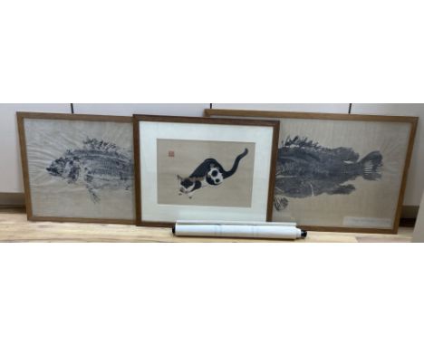 Two life size impressions of a Roach, caught by Mr Nakasaki, 1953, 41 x 73cm and 37 x 62cm, a Chinese scroll print and a wood