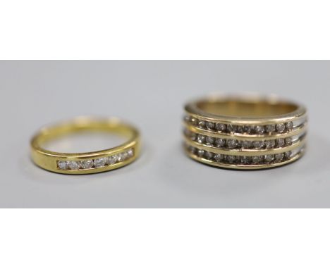 A modern 9ct gold and three row diamond chip set half hoop ring, size N/O, gross 5.7 grams and a modern 9ct and channel set s