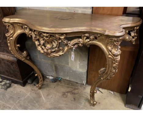 A Louis XV style carved giltwood serpentine console table, width 120cm, depth 50cm, height 89cm