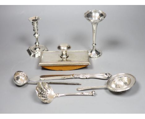 An Austro-Hungarian beaded and planished silver-mounted desk blotter and six other items, comprising a white metal taperstick