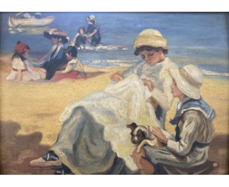 Spanish School, oil on wooden panel, Figures on a beach, 24 x 34cm