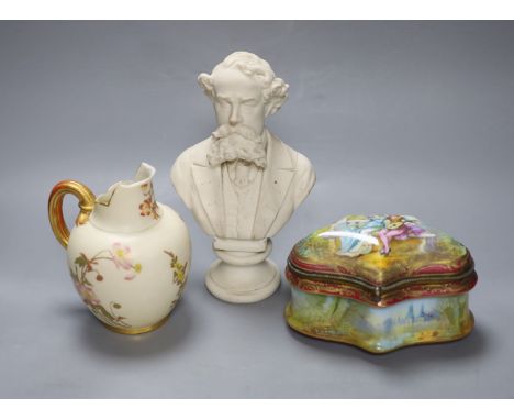 A Royal Worcester blush group cream jug, a Parian bust and a gilt metal mounted porcelain casket, tallest 24cm