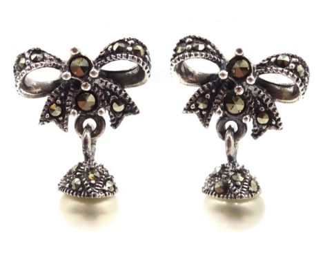 Pair of silver marcasite and pearl bow pendant earrings, stamped 925 Condition Report Click here for further images, conditio