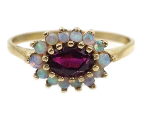 9ct gold opal and garnet cluster ring, hallmarked Condition Report Approx 1.7gm, size N-OClick here for further images, condi