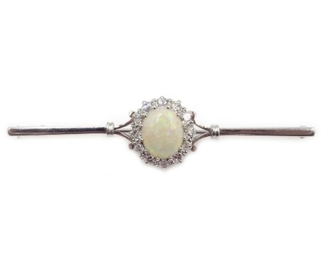 18ct white gold opal and diamond cluster bar brooch by B&S, Birmingham 1980 Condition Report Approx 6.6gm, length = 6.2cmClic