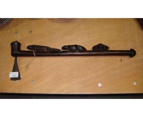 Early 20th century carved African axe decorated with lizards