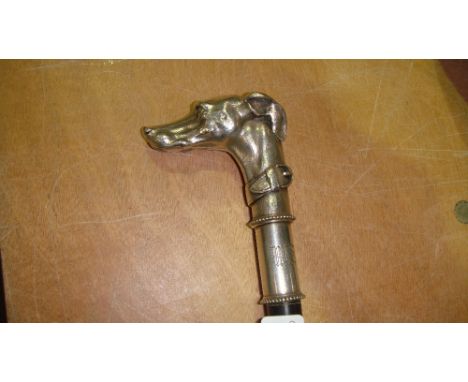 Vintage silver plated greyhound head walking stick with worn silver binding (marks indiscernible)