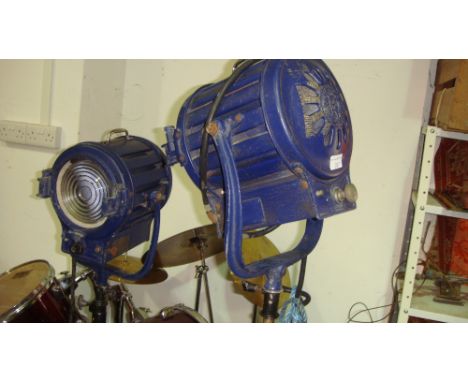 Pair of vintage Mole Richardson spot lights on metal tripod stands