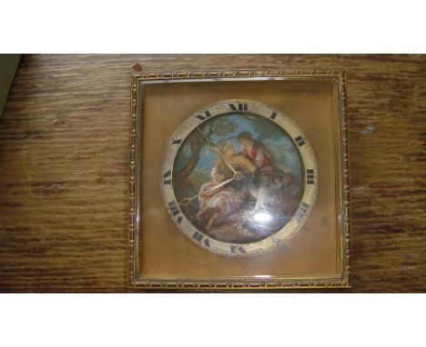 Early 20th century mantle clock with gilded and bevelled glass frame, painted dial depicting Lady & Suitor with 8 day Swiss m