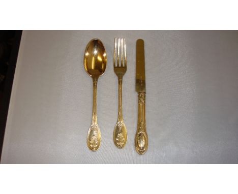 French knife, fork and spoon silver gilt set by Odiot (spoon and fork weighs 110 g, knife with filled handle 57 g )