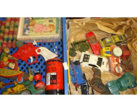 2 x boxes of assorted vintage and later tin plate toy cars and Corgi cars etc.
