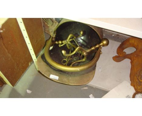 Brass coal helmet, fire dogs etc.