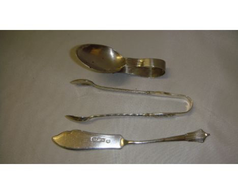 Silver slice, tongs and caddy spoon, different assay offices, makers and dates  58 g 