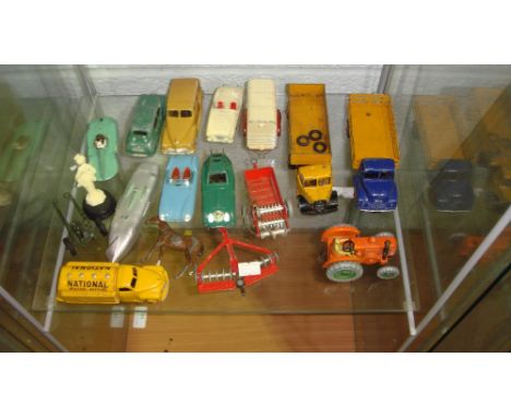 Shelf of vintage Corgi & Dinky toy cars and spares (play worn condition)