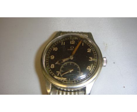 Vintage Gents Omega wristwatch with black face, subsidiary second dial & stainless steel strap
