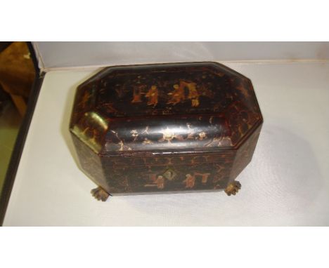 Late 19th century lacquered Chinese tea caddy decorated with exterior scene with hinged lid opening to reveal 2 pewter storag
