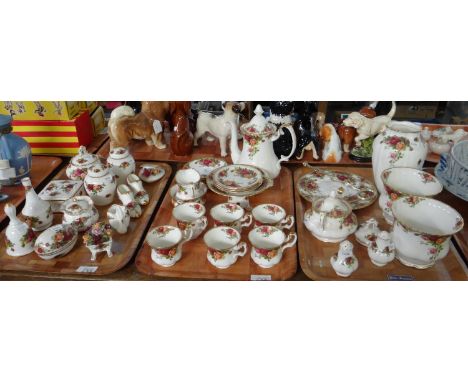 Three trays of Royal Albert 'Old Country Roses', to include: coffee pot, coffee cups and saucers, milk jug, sucrier, pedestal