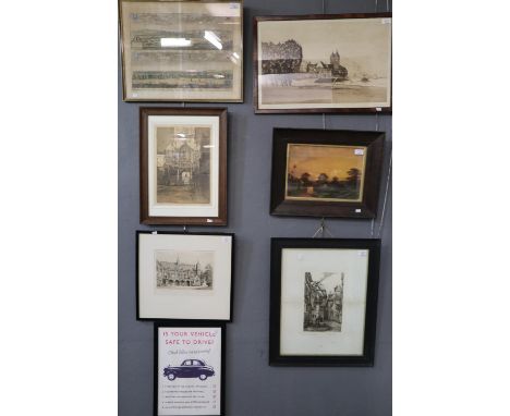 Group of assorted architectural etchings, an engraved prospect, study of a moonlit bridge and MOT vehicle poster 'Is Your Veh