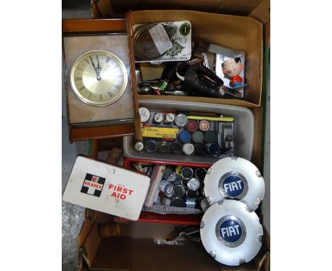 Box containing assorted items to include: Fiat hub caps, Fiat badge, collection of diecast enamel paints, Humbrol poly-cement