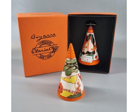 Two Wedgwood Centenary Clarice Cliff Collection conical sugar sifters, one in 'Farmhouse' design with COA in original box, on