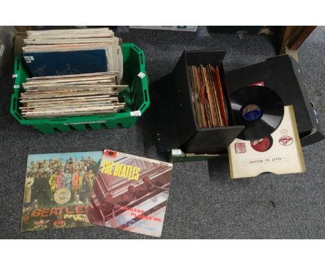 Two boxes of vinyl records to include: 'Sargent Peppers Lonely Heart Clubs Band' the Beatles, The Byrds, Cat Stevens, Leonard