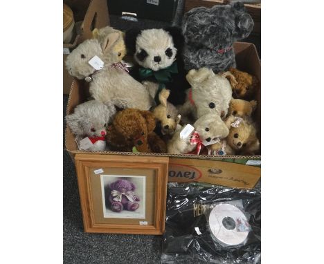 Box of Merrythought and other soft toys to include: Panda, various teddys bears, dogs in various sizes, limited edition print