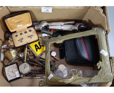 Box of oddments to include: meat skewer, Middle Eastern knife, beer taps, AA badge, pocket watch, alarm clock, decanter label