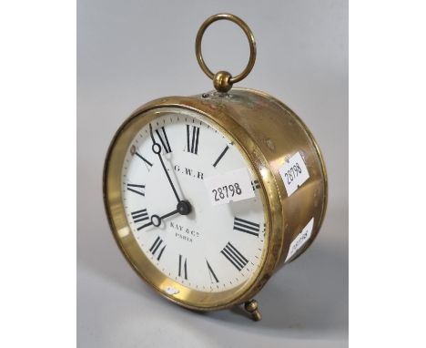 Great Western railway brass drum shaped mantle clock with Roman enamel face marked 'GWR, Kay &amp; Co. Paris' and having peg 