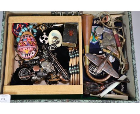 Collection of assorted skull and other jewellery, hunting horn, various pipes, military patches, tokens, Spitfire pencil shar