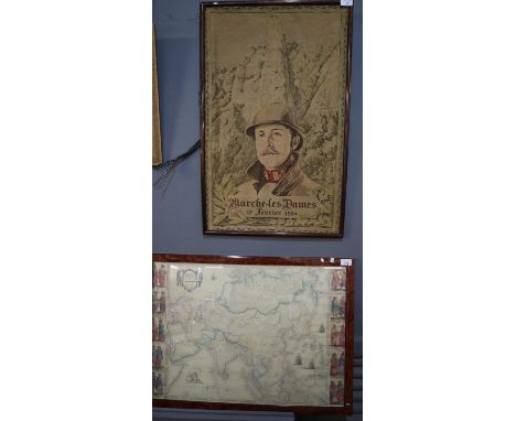 French tapestry panel depicting a soldier entitled 'Marche- Les - Dames, 17th Fevrier 1934'.  75x47cm approx.  Framed.  Toget