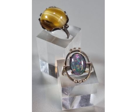 Silver dress ring with agate stone. Size N. together with Oval triplet opal ring set within an open setting with six diamonds