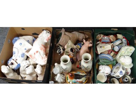 Three boxes of mostly china to include: various Staffordshire and Staffordshire style seated Spaniels, pair of Oriental flora