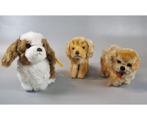 Group of three Steiff miniature fur animals, to include:  brown and white puppy, a  'Revue Susi' puppy and a  Pekinese dog.  