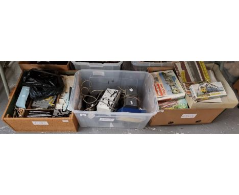 Large collection of OO gauge model railways accessories and parts: controllers, models and trackside buildings etc.  (3)  (B.
