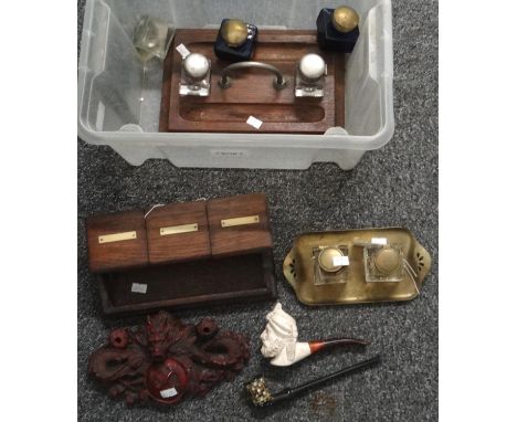 Box of writing equipment, accessories and other collectables to include: early 20th Century wooden desk tidies, brass writing