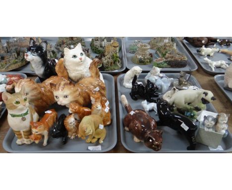 Two trays of mostly ceramic cat figures, to include: Nao Pottery kittens, Hummel, Sylvac, Kowa Siamese, Beswick Siamese kitte