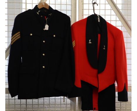 British Army Officer's dress tunic and trousers together with dark blue sergeants long jacket and trousers to match.  (4)   (