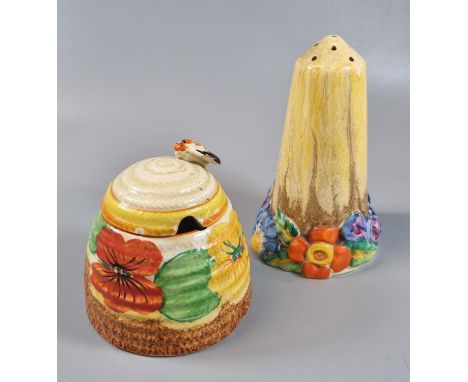 Bizarre by Clarice Cliff Newport Pottery England hand painted 'Nasturtium' design honey pot.  Together with a hand painted Bi