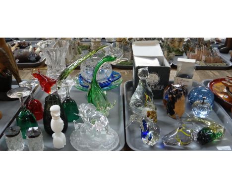 Two trays of glassware to include: various paperweights, some in the shape of animals; birds, fish etc, Caithness 'Moon Cryst