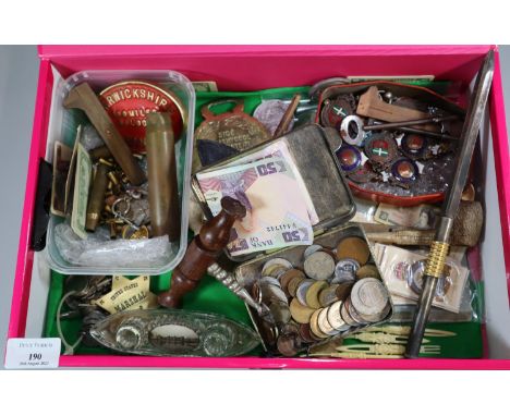 Box of assorted coins, medals Coronation Medals, pipes, badges, RAF cigarette cards, corkscrew, letter opener etc.  (B.P. 21%