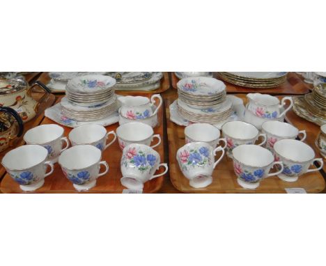 Two trays of Royal Albert English bone china Friendship series 'Sweet Pea' design teaware to include: teacups and saucers, mi