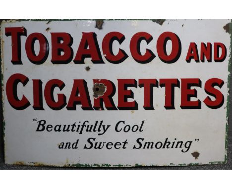 Original enamel single sided advertising sign 'Tobacco and Cigarettes, beautifully cool and sweet smoking'.  21x33cm approx. 