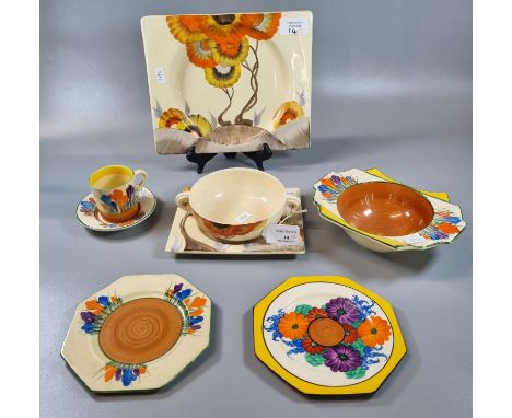 Bizarre by Clarice Cliff Newport Pottery England 'Crocus' hand painted design coffee trio with small plate, saucer and coffee