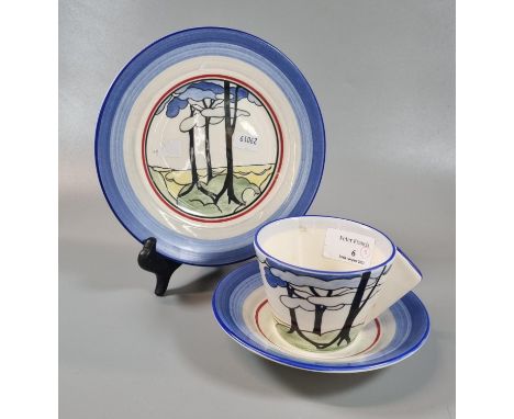 Wedgwood Centenary Clarice Cliff Bizarre 'Blue Firs' pattern trio, comprising: small plate, saucer and cup.  Printed and pain