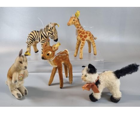 Group of five Steiff miniature animals, to include: 'Gussy', baby Zebra, baby Giraffe, 'Kangoo' and 'Bambi'.  (5)  (B.P. 21% 